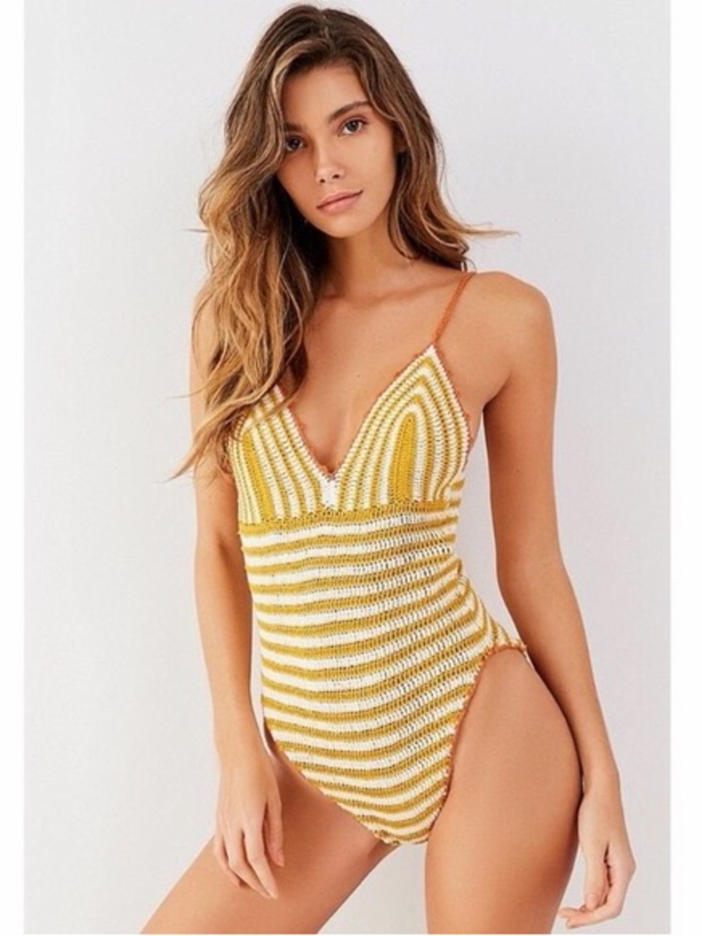 UO Out From Under Daisy Striped Crochet Halter Bodysuit Medium